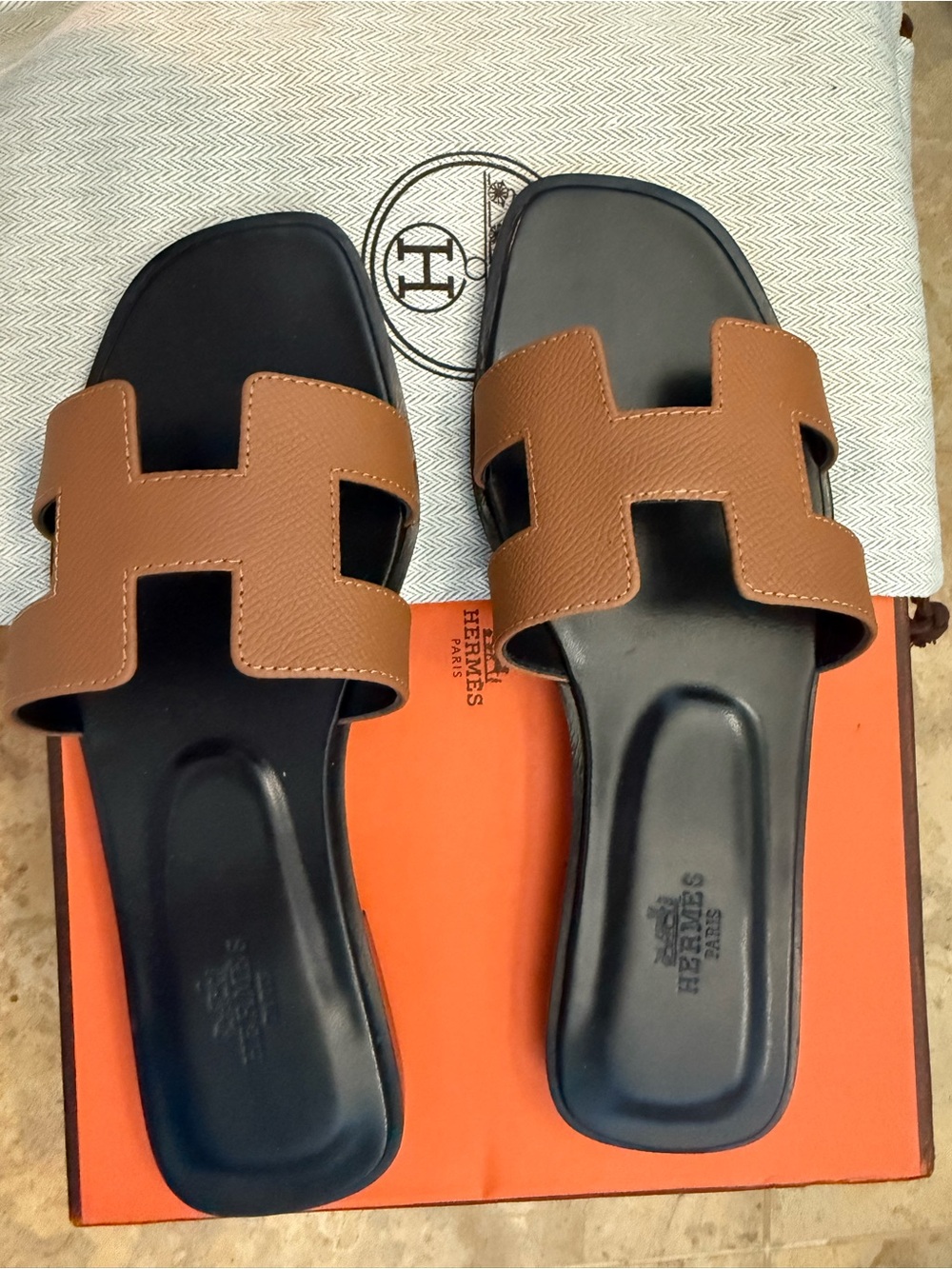 Hermes Brown and Black Oran Slide Sandals